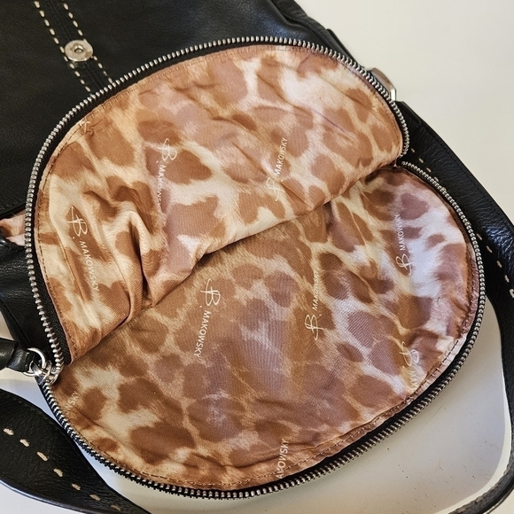 B. Makowsky Black Leather Contrast Stitching Top Flap Hobo Shoulder Bag - Picture 10 of 10